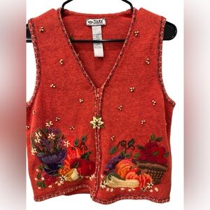 Vintage Tiara International Fall Harvest Embroidered Beaded Sweater Vest M